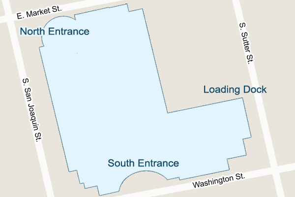 North Entrance on corner of E. Market and S. San Joaquin St South Entrance on Washington St. between S. San Joaquin and S. Sutter St.